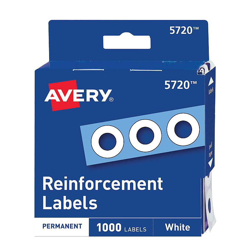 Avery Dispenser Pack Hole Reinforcements, 1/4" Dia, White, 1000/Pack, (5720) (05720)