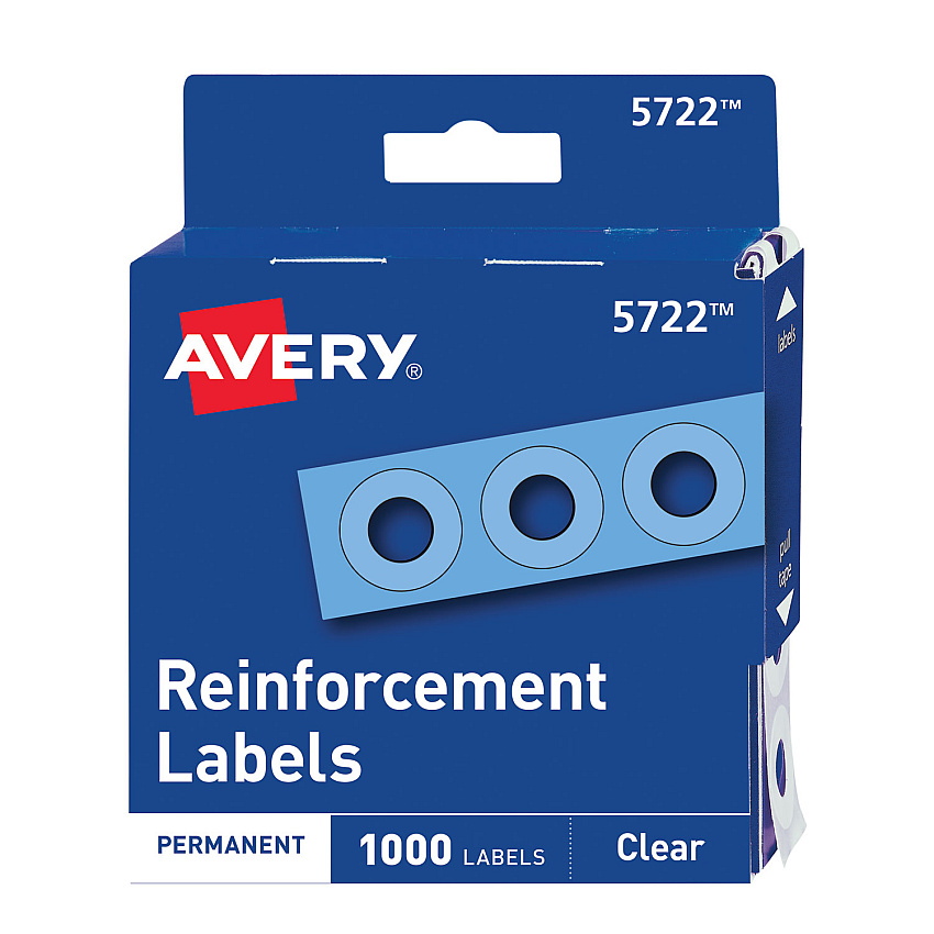 Avery Dispenser Pack Hole Reinforcements, 1/4" Dia, Clear, 1000/Pack, (5722) (05722)