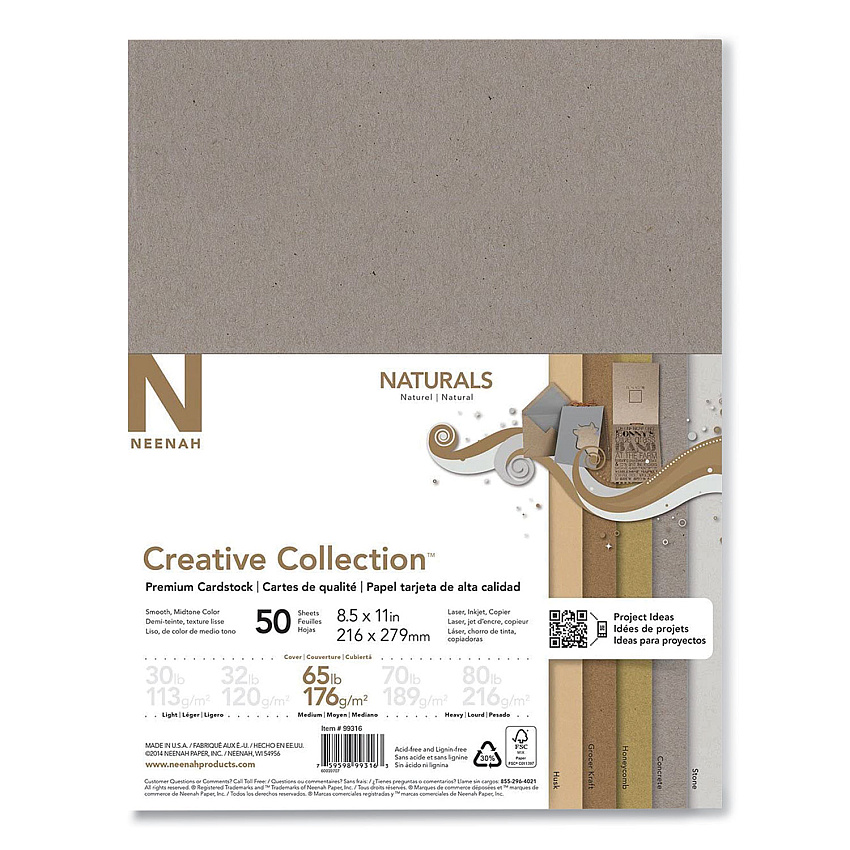 Neenah Paper Creative Collection Premium Cardstock, 65 lb Cover Weight, 8.5 x 11, Assorted Naturals, 50/Pack (99316MA)