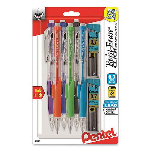 Pentel Twist-Erase CLICK Mechanical Pencil, 0.7 mm, HB (#2.5), Black Lead, Assorted Barrel Colors, 6/Pack (PD277TLBPS6M)
