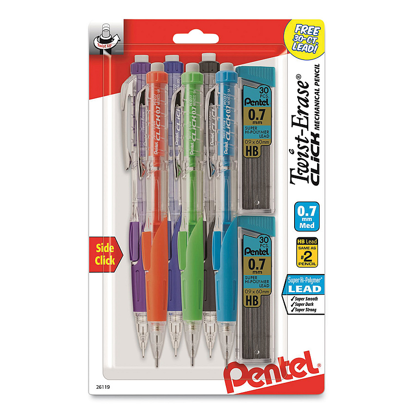 Pentel Twist-Erase CLICK Mechanical Pencil, 0.7 mm, HB (#2.5), Black Lead, Assorted Barrel Colors, 6/Pack (PD277TLBPS6M)