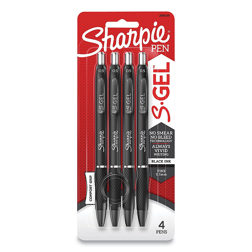 Sharpie S-Gel High-Performance Gel Pen, Retractable, Fine 0.5 mm, Black Ink, Black Barrel, 4/Pack (2096140)