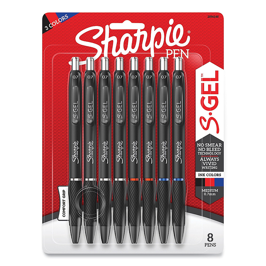 Sharpie S-Gel S-Gel High-Performance Gel Pen, Retractable, Medium 0.7 mm, Three Assorted Ink Colors, Black Barrel, 8/Pack (2096148)