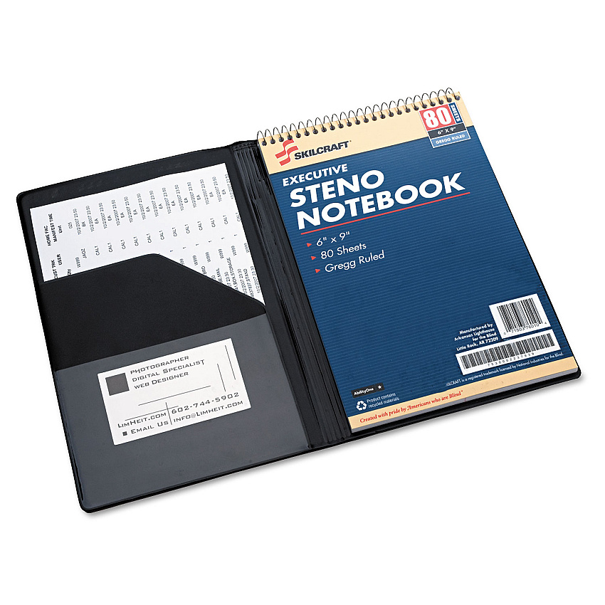 AbilityOne 7510014547388 SKILCRAFT Vinyl Steno Pad Holder, Vinyl/Foam, 6" x 9", 80 Page, Black