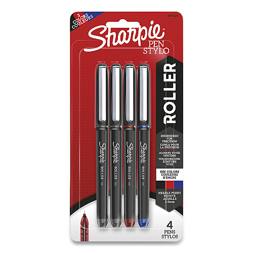 Sharpie Roller Professional Design Roller Ball Pen, Stick, Fine 0.5 mm, Assorted Ink Colors, Black Barrel, 4/Pack (2093224)