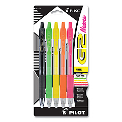Pilot G2 Neon Gel Pen, Retractable, Fine 0.7 mm, Assorted Neon Ink and Barrel Colors, 5/Pack (14174)