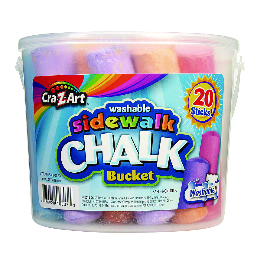 Cra-Z-Art Washable Sidewalk Jumbo Chalk in Storage Bucket with Lid and Handle, 12.63", 20 Assorted Colors (108076)