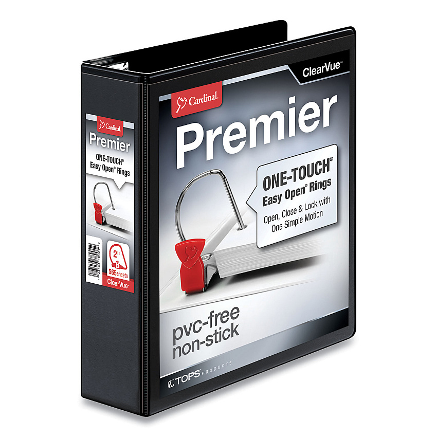 Cardinal Premier Easy Open ClearVue Locking Slant-D Ring Binder, 3 Rings, 2" Capacity, 11 x 8.5, Black (10321)