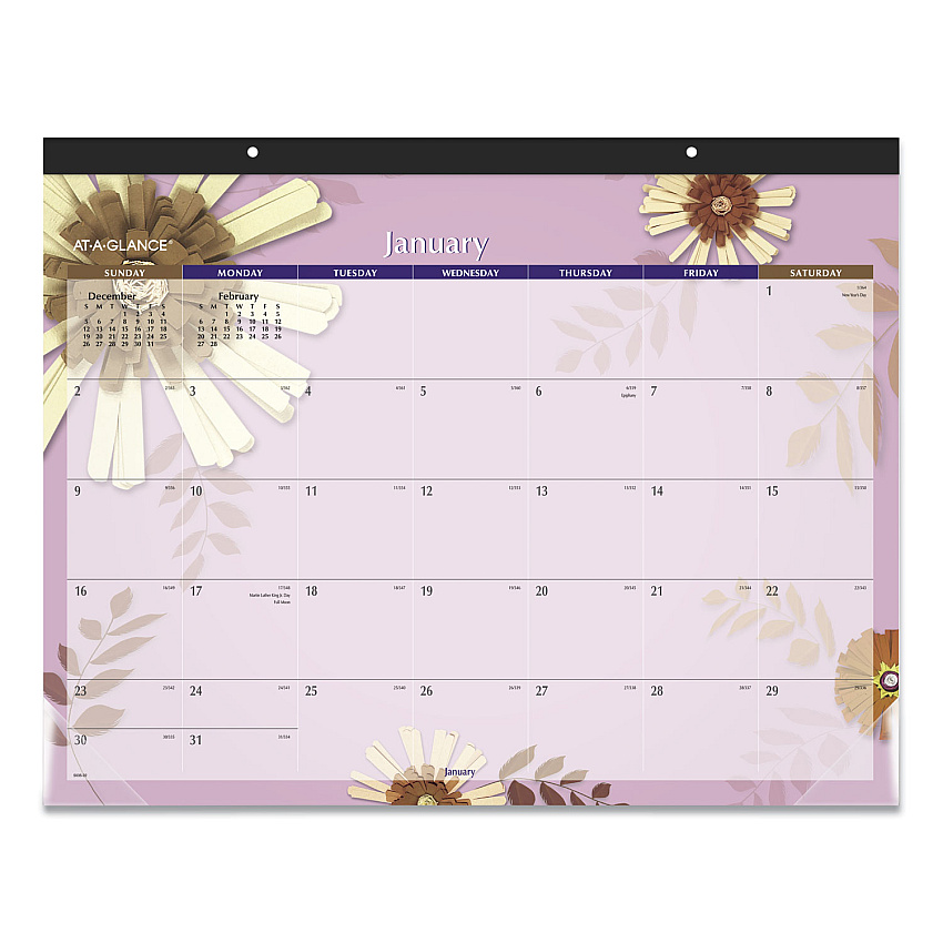 AT-A-GLANCE Paper Flowers Desk Pad, Floral Artwork, 22 x 17, Black Binding, Clear Corners, 12-Month (Jan to Dec): 2023 (5035)