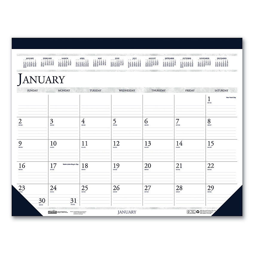 House of Doolittle Recycled Two-Color Perforated Monthly Desk Pad Calendar, 22 x 17, Blue Binding/Corners, 12-Month (Jan-Dec): 2023 (150HD)