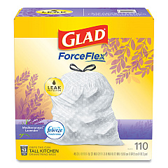 Glad OdorShield with Febreze, Drawstring, 13 gal, Mediterranean Lavender Scent, 10.18" x 9.81", White, 110/Box (79157)