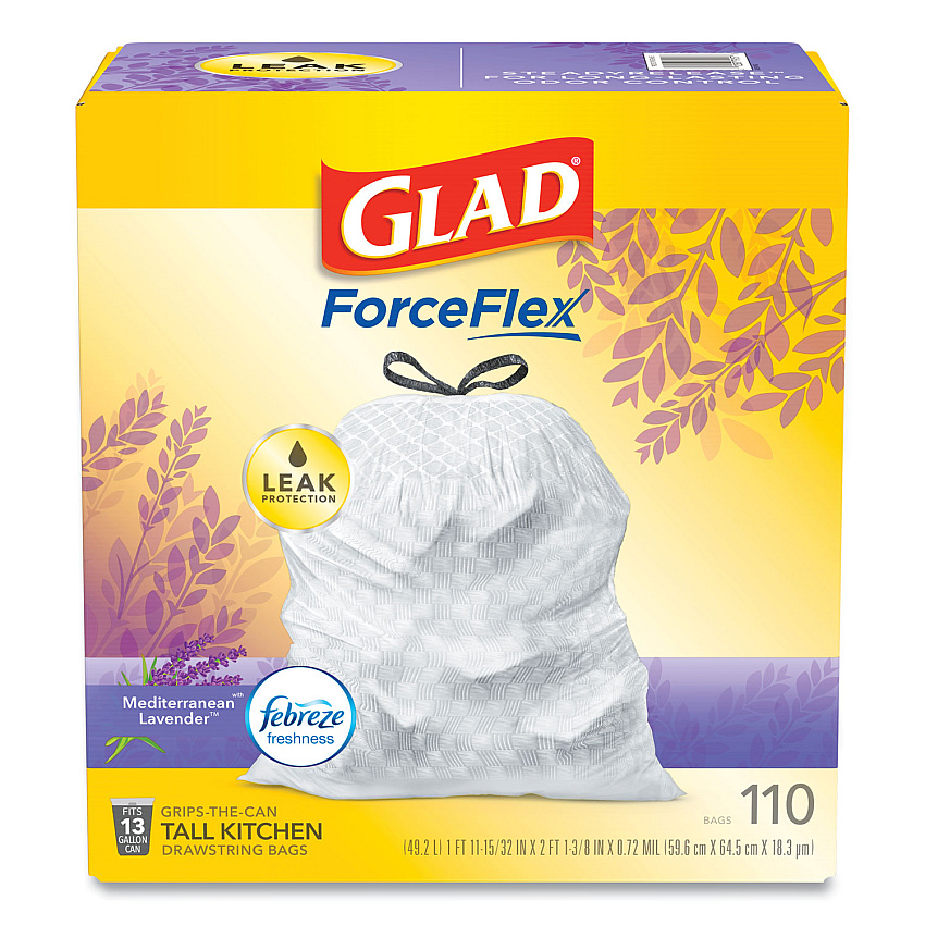 Glad OdorShield with Febreze, Drawstring, 13 gal, Mediterranean Lavender Scent, 10.18" x 9.81", White, 110/Box (79157)