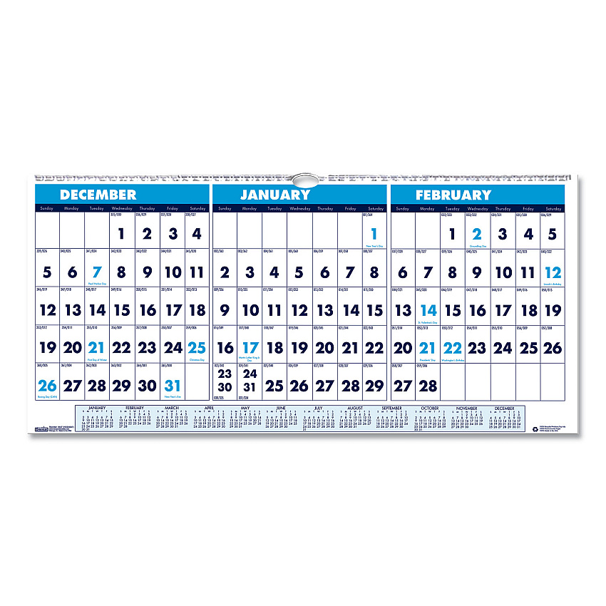 House of Doolittle Recycled Three-Month Format Wall Calendar, Horizontal Orientation, 17 x 8, White Sheets, 14-Month (Dec to Jan): 2022 to 2024 (3647)