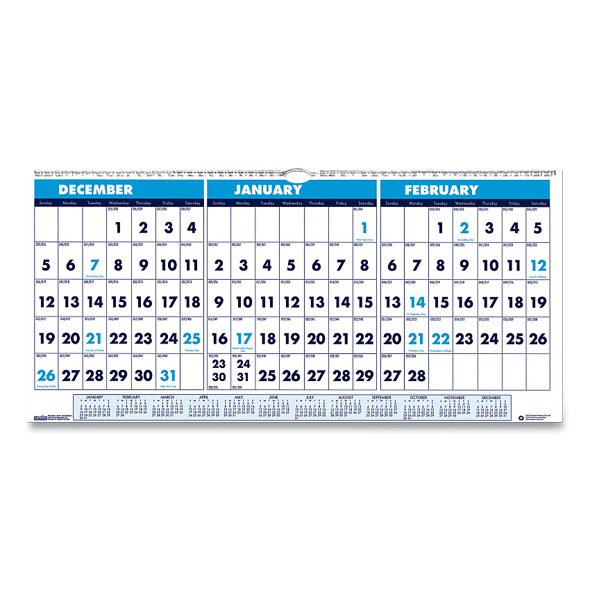 House of Doolittle Recycled Three-Month Format Wall Calendar, Horizontal Orientation, 23.5 x 12, White Sheets, 14-Month (Dec-Jan): 2022-2024 (3648)