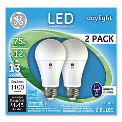 GE 75W LED Bulbs, A19, 12 W, Daylight, 2/Pack (93127670)
