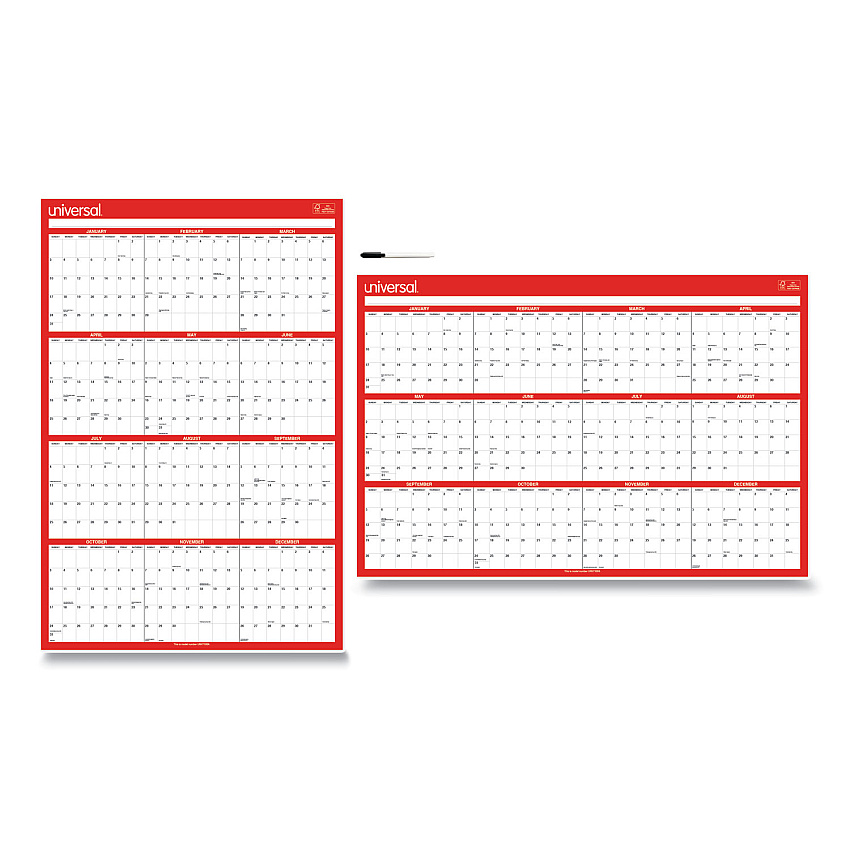Universal Erasable Wall Calendar, 24 x 36, White/Red Sheets, 12-Month (Jan to Dec): 2023 (UNV71004)