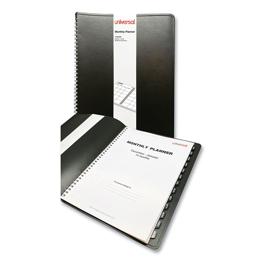 Universal Monthly Planner, 11 x 8, Black Cover, 14-Month (Dec to Jan): 2022 to 2024 (UNV71001)