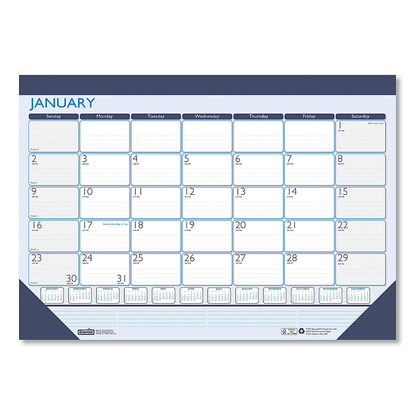 House of Doolittle Recycled Contempo Desk Pad Calendar, 18.5 x 13, White/Blue Sheets, Black Binding, Black Corners, 12-Month (Jan to Dec): 2023 (1516)