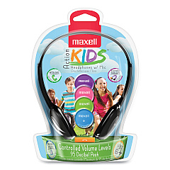 Maxell Kids Safe Headphones with Inline Microphone, Black with Interchangeable Caps in Pink/Blue/Silver (195004)
