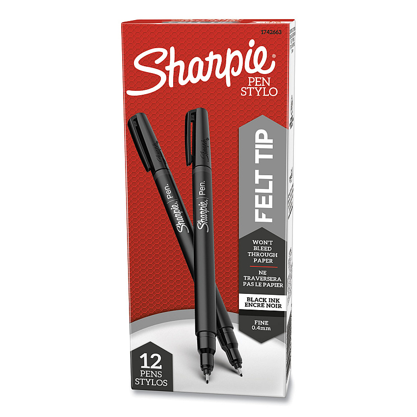 Sharpie Water-Resistant Ink Porous Point Pen, Stick, Fine 0.4 mm, Black Ink, Black/Gray Barrel, Dozen (1742663)
