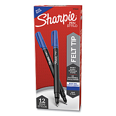 Sharpie Water-Resistant Ink Porous Point Pen, Stick, Fine 0.4 mm, Blue Ink, Black/Gray/Blue Barrel, Dozen (1742664)