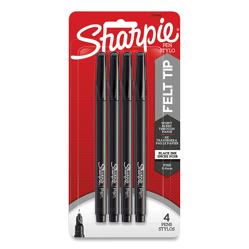 Sharpie Water-Resistant Ink Porous Point Pen, Stick, Fine 0.4 mm, Black Ink, Black/Gray Barrel, 4/Pack (1742661)