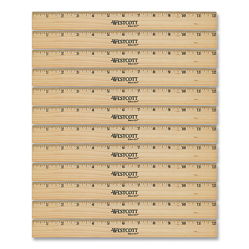 Westcott Beveled Wood Ruler, Standard, 12" Long, Natural Hardwood, 12/Pack (17720)