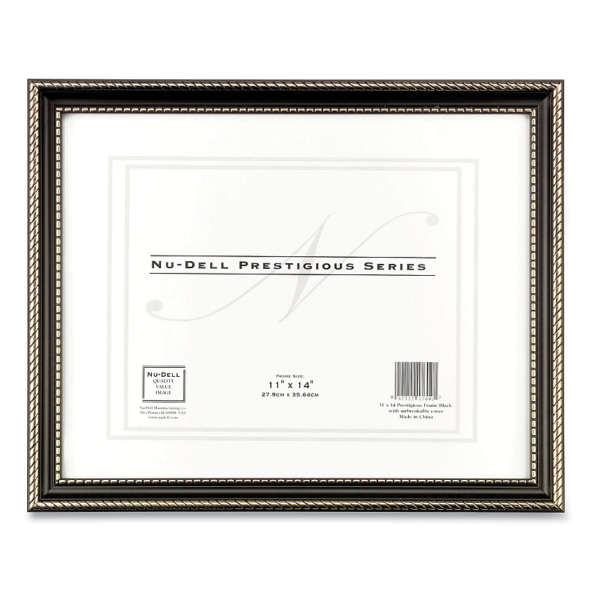 NuDell Prestige Series Executive Document and Photo Frame with Three-Way Mat, Plastic, 11 x 14 Insert, Black/Gold (17602)