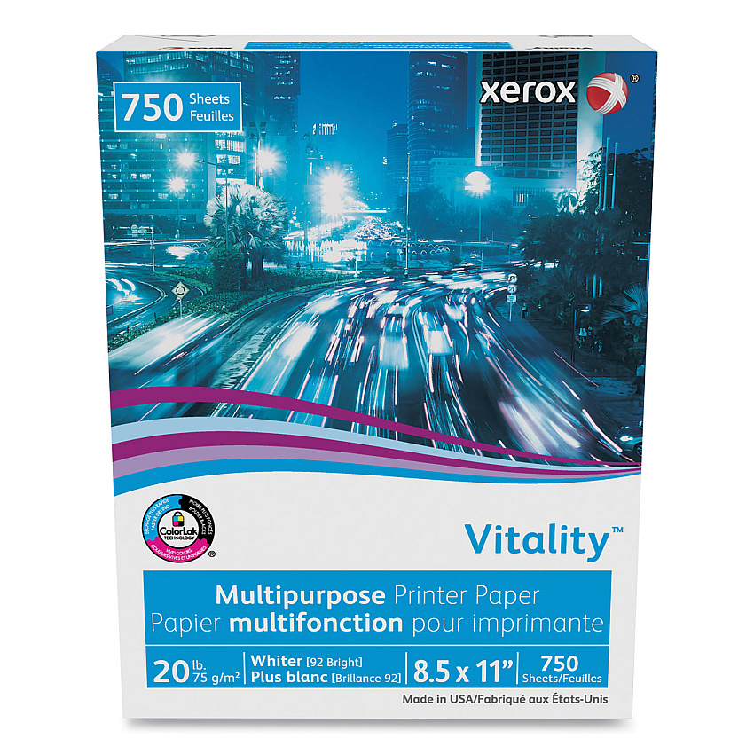 Xerox Vitality Multipurpose Print Paper, 92 Bright, 20 lb Bond Weight, 8.5 x 11, White, 750 Sheets/Ream (3R20195)