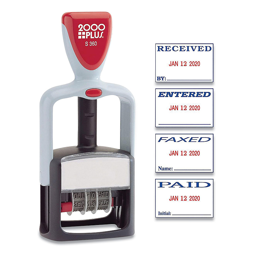 COSCO 2000PLUS Model S 360 Self-Inking Two-Color Message Dater, 5 Years, ENTERED/FAXED/PAID/RECEIVED, 1.81" x 1.25", Blue/Red Ink (032519)