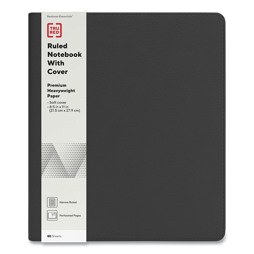 TRU RED Soft-Cover Notebook Folio Set, 1 Subject, Narrow Rule, Black Cover, 11 x 8.5, 80 Sheets (24377280)