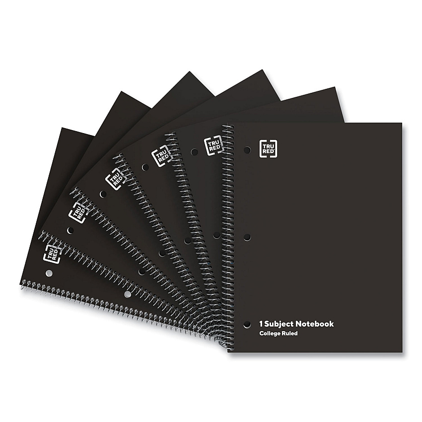 TRU RED One-Subject Notebook, Medium/College Rule, Black Cover, (70) 10.5 x 8 Sheets, 6/Pack (24423005)