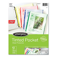 Wilson Jones Tinted Pocket Sheet Protectors, 3 Hole Punched, Top Loading, Letter, Assorted Colors, 12/Pack (W21417)