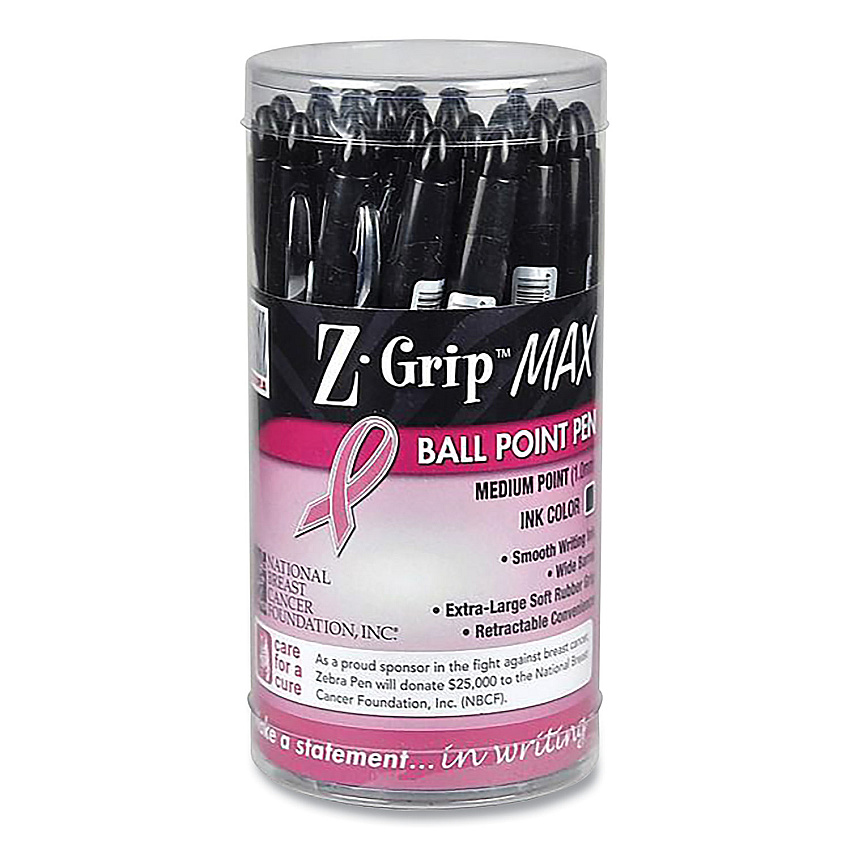 Zebra Z-Grip MAX Breast Cancer Awareness Ballpoint Pen, Retractable, Bold 1.2 mm, Black Ink, Translucent Black Barrel, 24/Pack (32577)