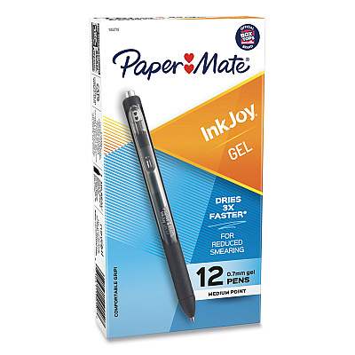 Paper Mate InkJoy Gel Pen, Retractable, Medium 0.7 mm, Black Ink, Black Barrel, Dozen (1951719)