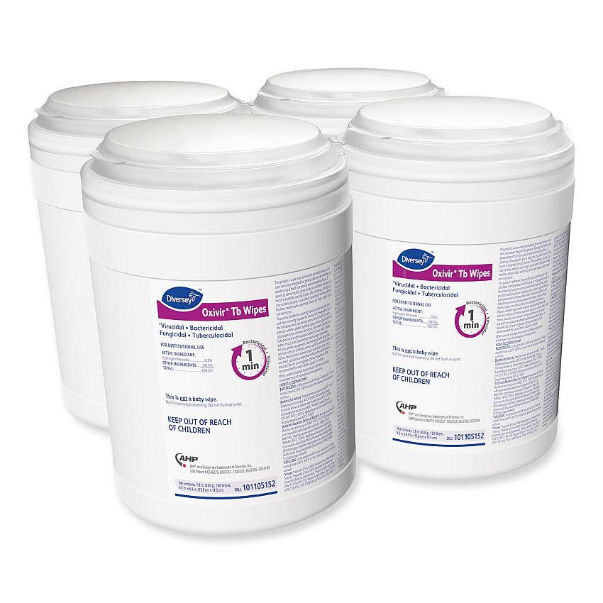 Diversey Oxivir TB Disinfectant Wipes, 6 x 6.9, Characteristic Scent, White, 160/Canister, 4 Canisters/Carton (101105152)