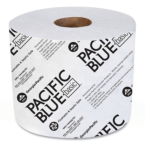 Georgia Pacific Professional Pacific Blue Basic High-Capacity Bathroom Tissue, Septic Safe, 1-Ply, White, 1,500/Roll, 48/Carton (1444801)