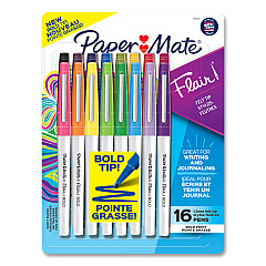 Paper Mate Flair Felt Tip Porous Point Pen, Stick, Bold 1.2 mm, Assorted Ink Colors, White Pearl Barrel, 16/Pack (2125413)