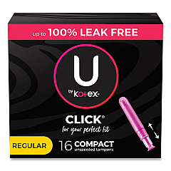 U by Kotex Click Compact Tampons, Regular, 16/Pack, 8 Packs/Carton (53445)