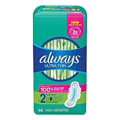 Always Ultra Thin Pads with Wings, Size 2, Long, Super Absorbent, 32/Pack, 3 Packs/Carton (97020)