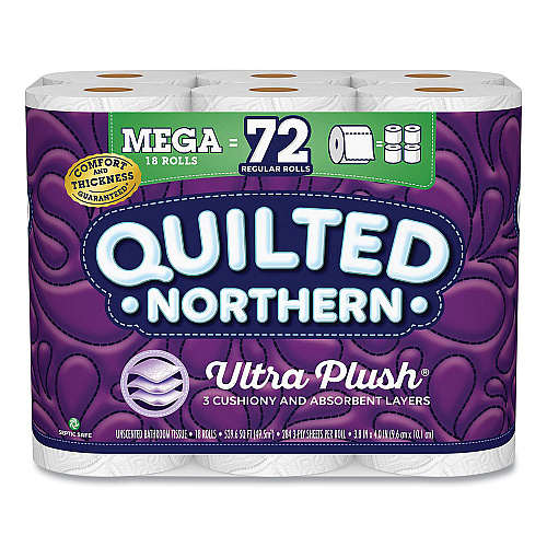 Quilted Northern Ultra Plush Bathroom Tissue, Mega Rolls, Septic Safe, 3-Ply, White, 284 Sheets/Roll, 18 Rolls/Carton (874685)