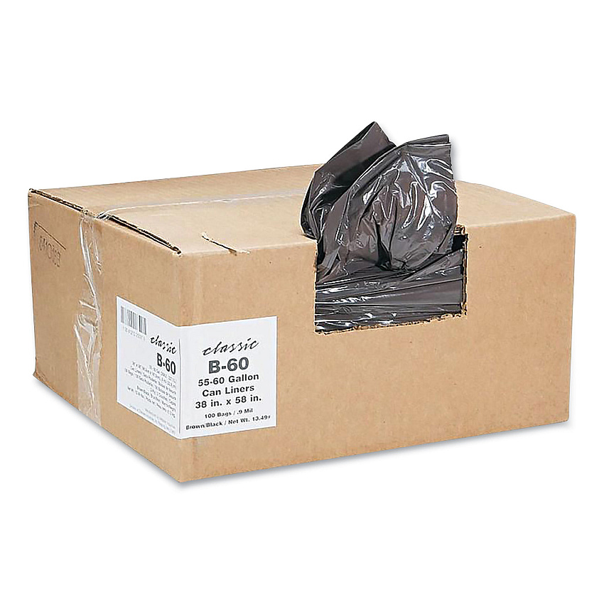 Classic Linear Low-Density Can Liners, 55 to 60 gal, 0.9 mil, 38" x 58", Black, 10 Bags/Roll, 10 Rolls/Carton (B60790196)