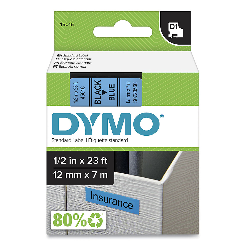DYMO D1 High-Performance Polyester Removable Label Tape, 0.5" x 23 ft, Black on Blue (45016)