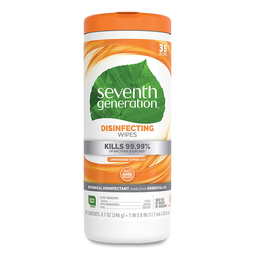 Seventh Generation Botanical Disinfecting Wipes, Lemongrass Citrus, White, 7 x 8, 35 Wipes (22812EA)