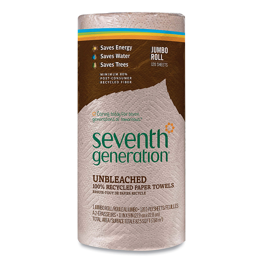 Seventh Generation Natural Unbleached 100% Recycled Paper Kitchen Towel Rolls, 2-Ply, Individually Wrapped, 11 x 9, 120/Roll, 30 Rolls/Carton (13720CT)