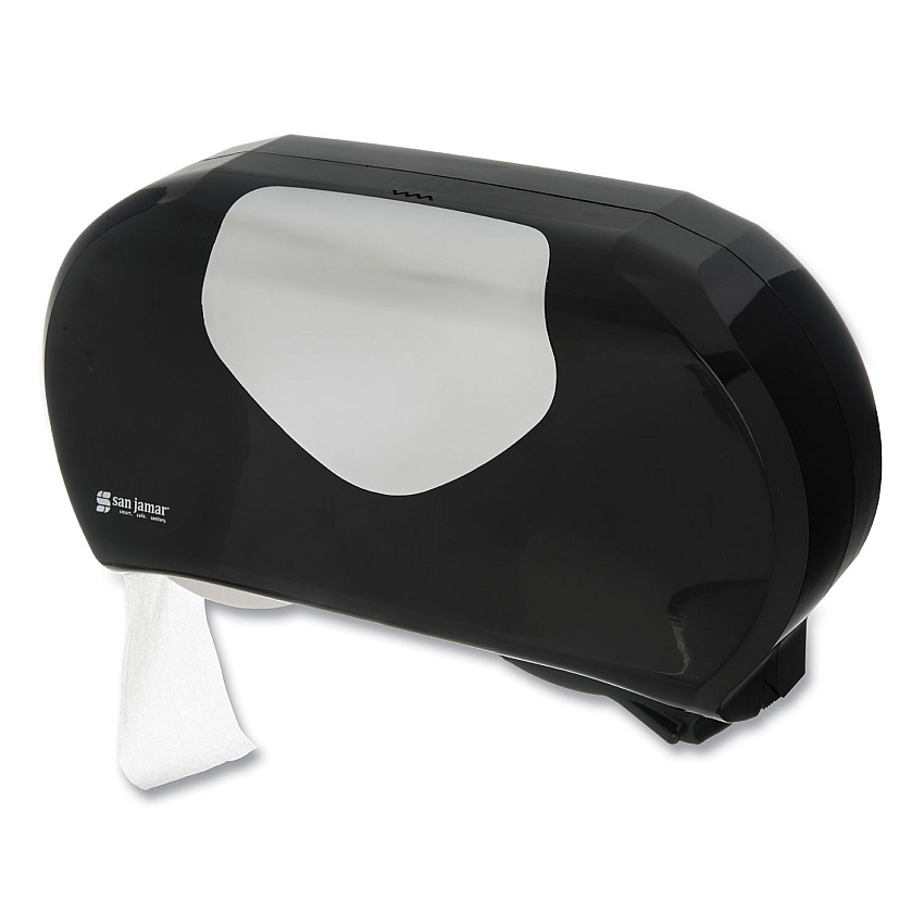 San Jamar Twin Jumbo Bath Tissue Dispenser,20 1/14x5 7/8x11 9/10, Blk/Faux Stainless Steel (R4070BKSS)