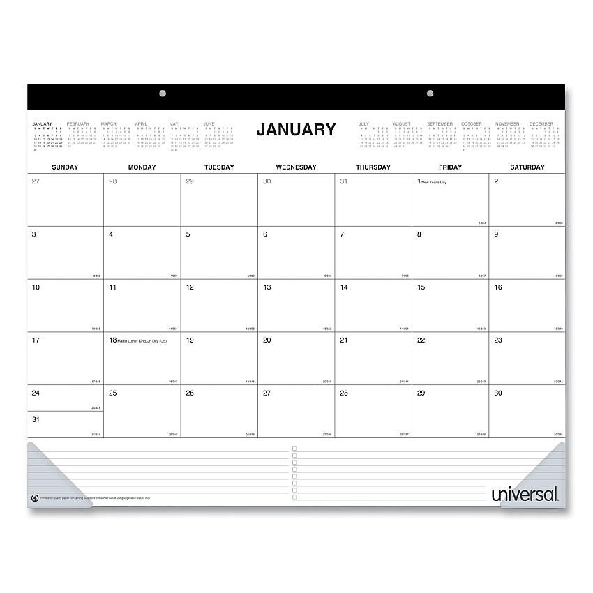 Universal Desk Pad Calendar, 22 x 17, White/Black Sheets, Black Binding, Clear Corners, 12-Month (Jan to Dec): 2023 (UNV71002)