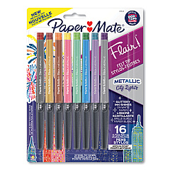 Paper Mate Flair Metallic Porous Point Pen, Stick, Medium 0.7 mm, Assorted Ink and Barrel Colors, 16/Pack (2129448)