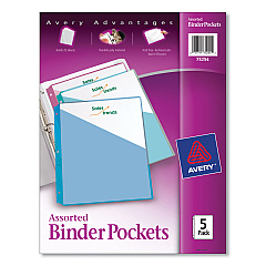 Avery Binder Pockets, 3-Hole Punched, 9 1/4 x 11, Assorted Colors, 5/Pack (75254)