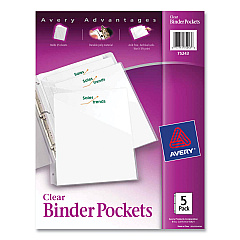 Avery Binder Pockets, 3-Hole Punched, 9 1/4 x 11, Clear, 5/Pack (75243)